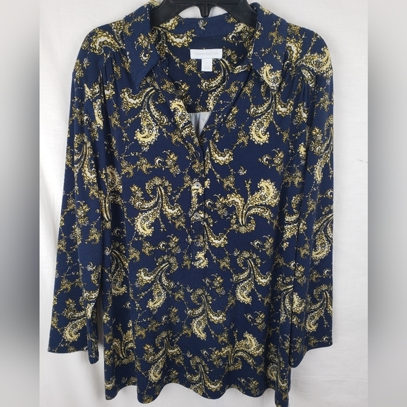 Charter Club Tops - Charter Club Navy and Yellow Paisley Print Button Down Shirt Sz L